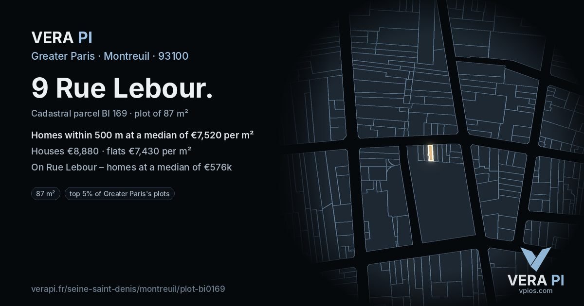 9 Rue Lebour, Montreuil at night – the plot lit, the parcels around coloured by the prices near them