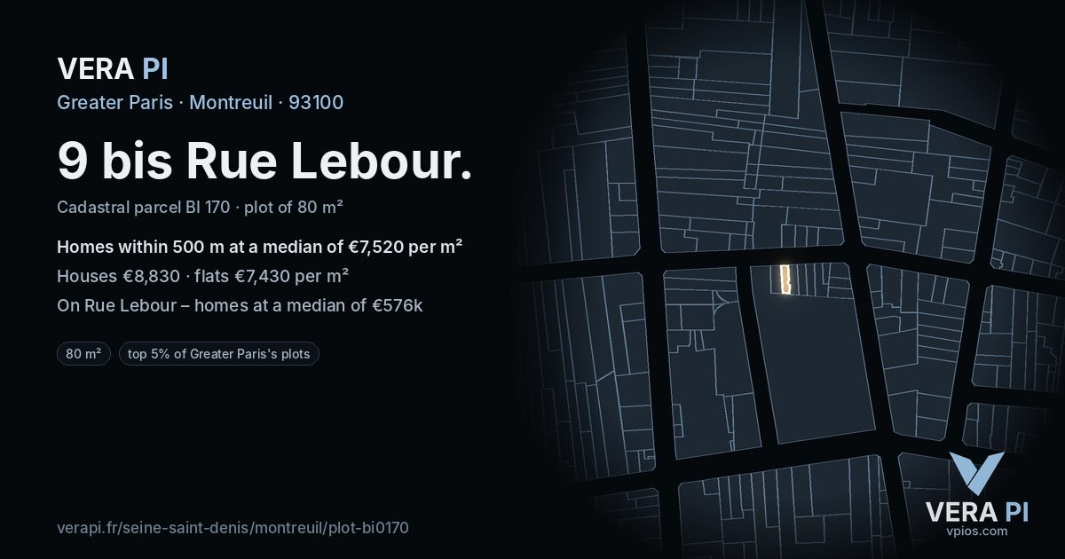 9 bis Rue Lebour, Montreuil at night – the plot lit, the parcels around coloured by the prices near them