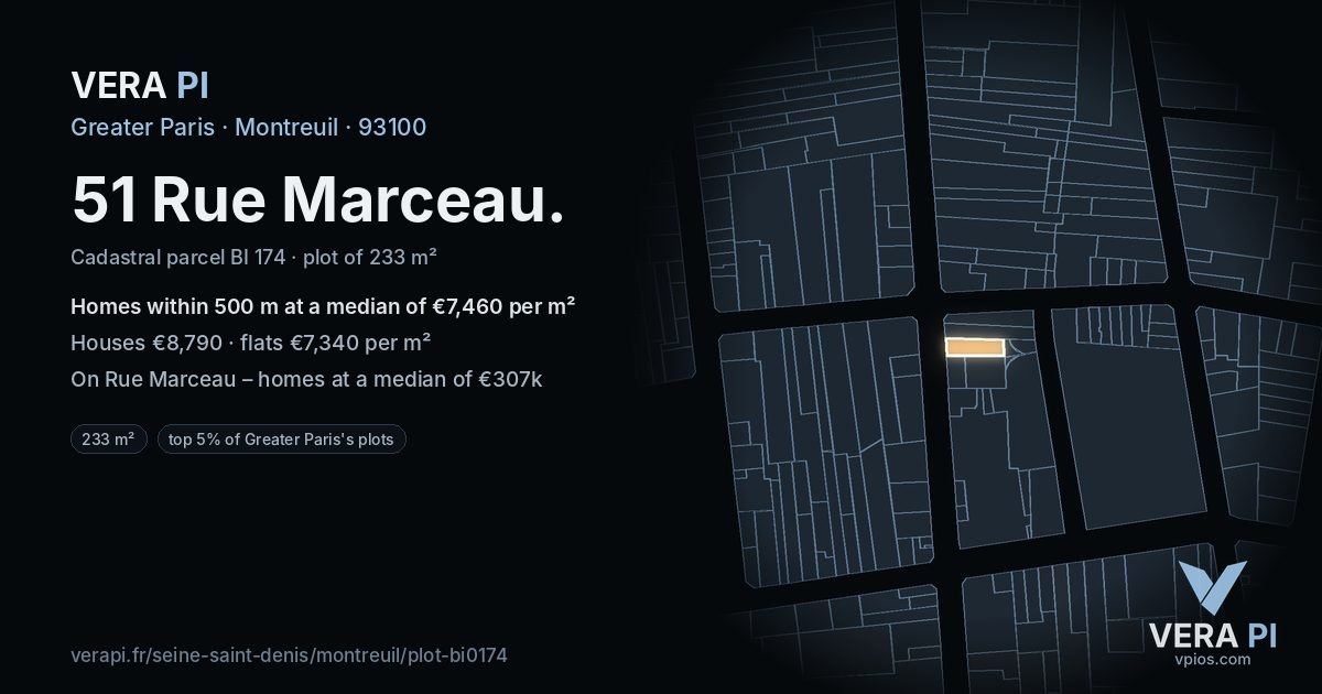 51 Rue Marceau, Montreuil at night – the plot lit, the parcels around coloured by the prices near them