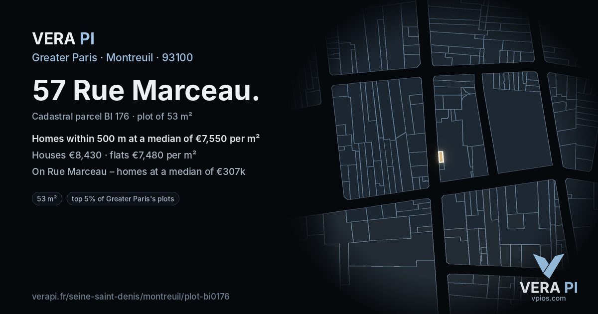 57 Rue Marceau, Montreuil at night – the plot lit, the parcels around coloured by the prices near them