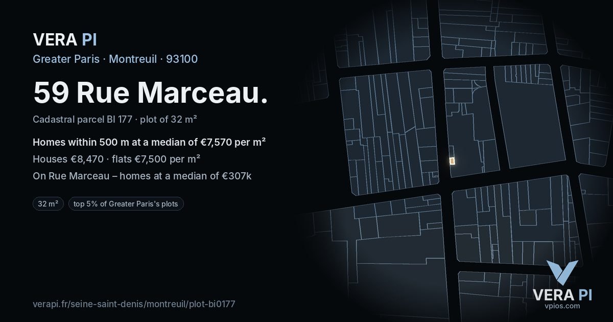59 Rue Marceau, Montreuil at night – the plot lit, the parcels around coloured by the prices near them