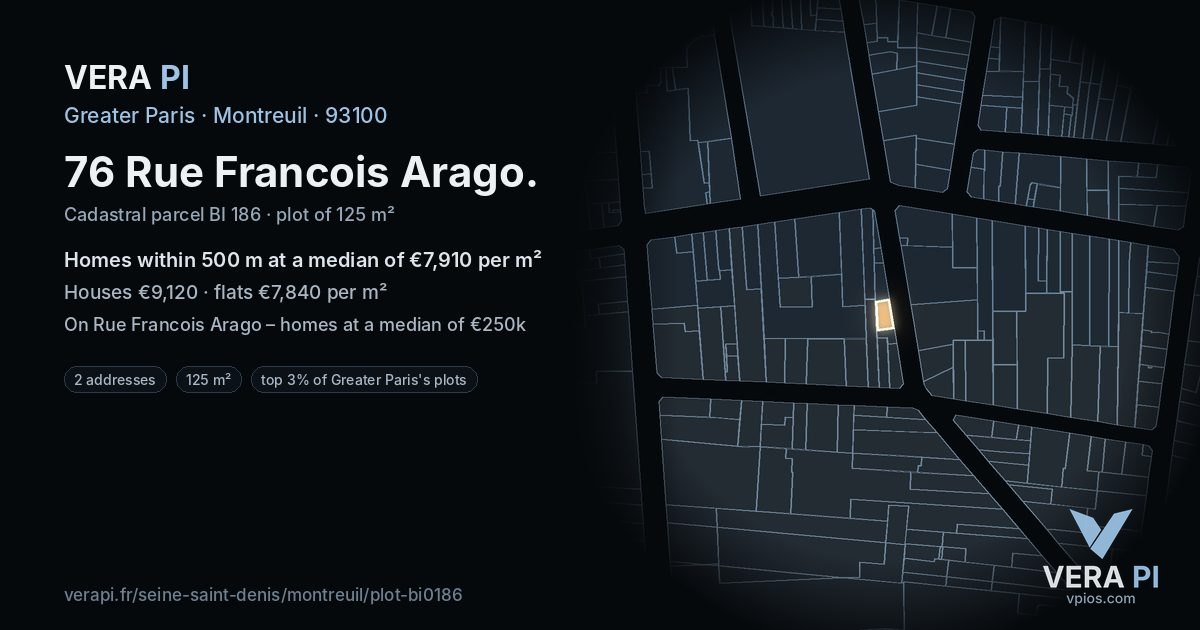 76 Rue Francois Arago, Montreuil at night – the plot lit, the parcels around coloured by the prices near them