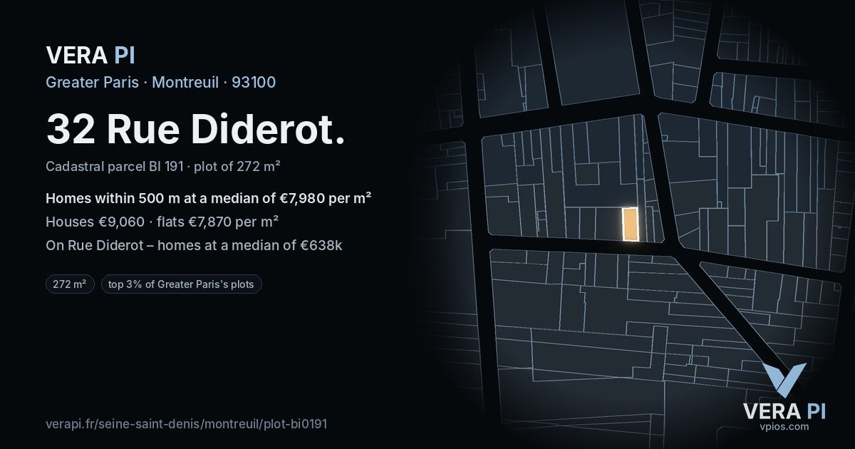 32 Rue Diderot, Montreuil at night – the plot lit, the parcels around coloured by the prices near them