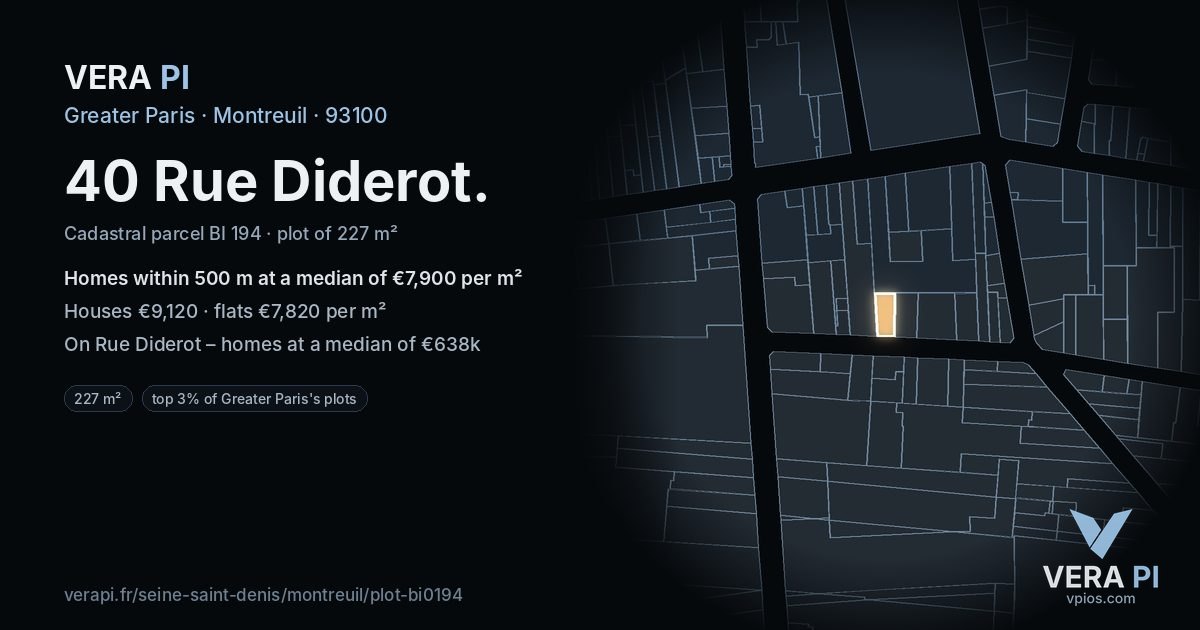 40 Rue Diderot, Montreuil at night – the plot lit, the parcels around coloured by the prices near them