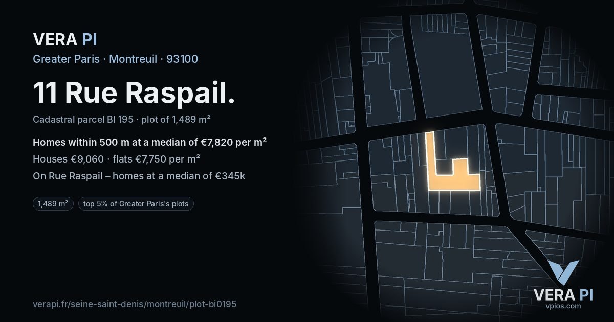 11 Rue Raspail, Montreuil at night – the plot lit, the parcels around coloured by the prices near them