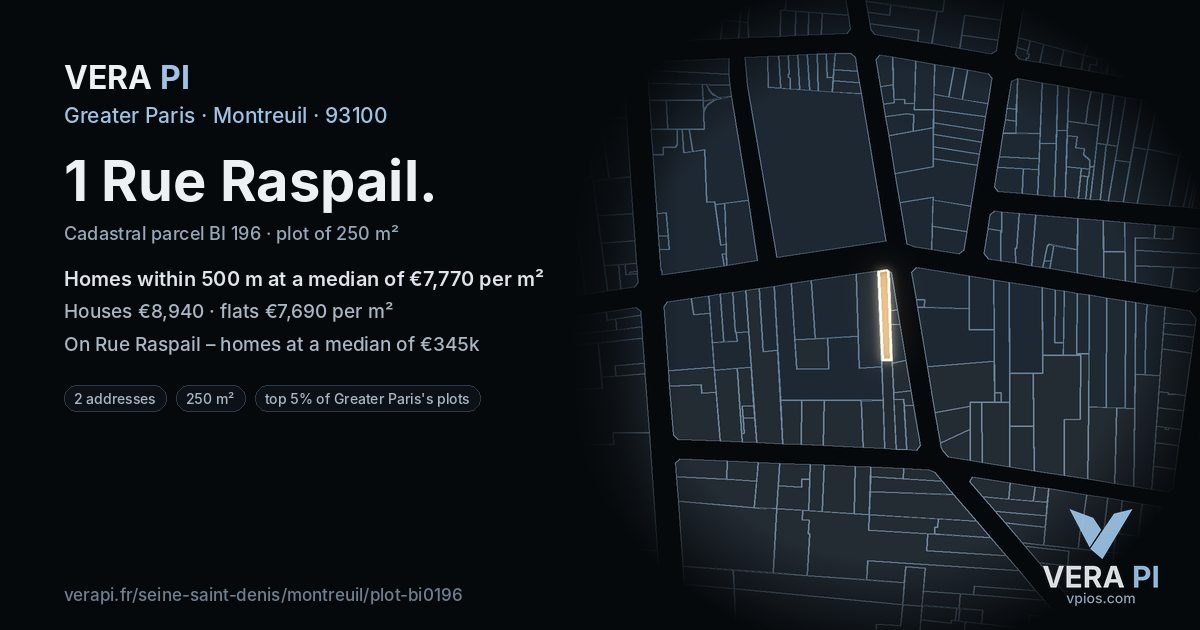 1 Rue Raspail, Montreuil at night – the plot lit, the parcels around coloured by the prices near them