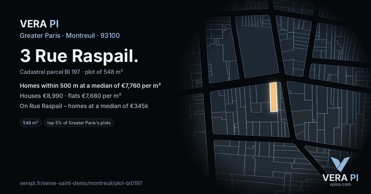 3 Rue Raspail, Montreuil at night – the plot lit, the parcels around coloured by the prices near them