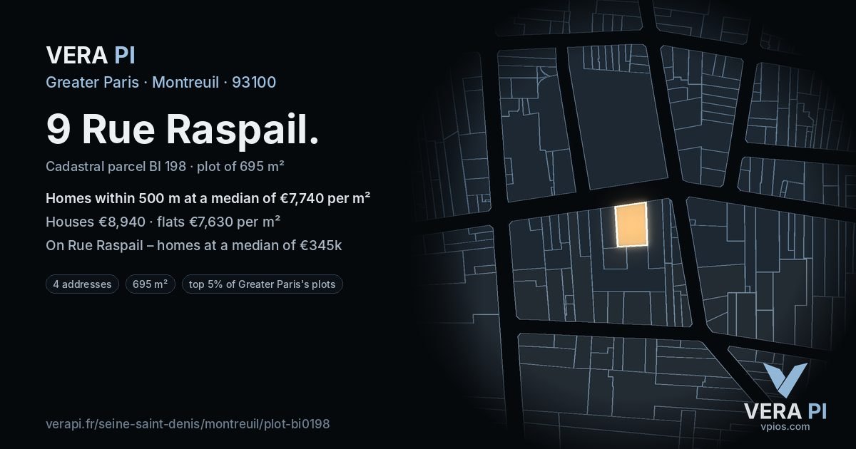 9 Rue Raspail, Montreuil at night – the plot lit, the parcels around coloured by the prices near them