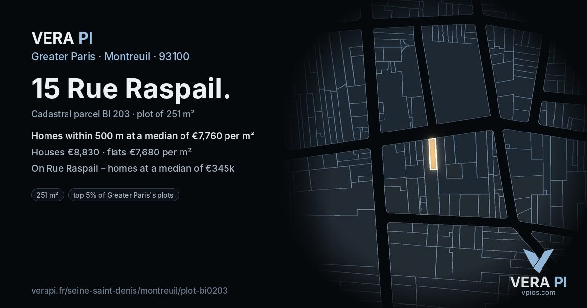 15 Rue Raspail, Montreuil at night – the plot lit, the parcels around coloured by the prices near them