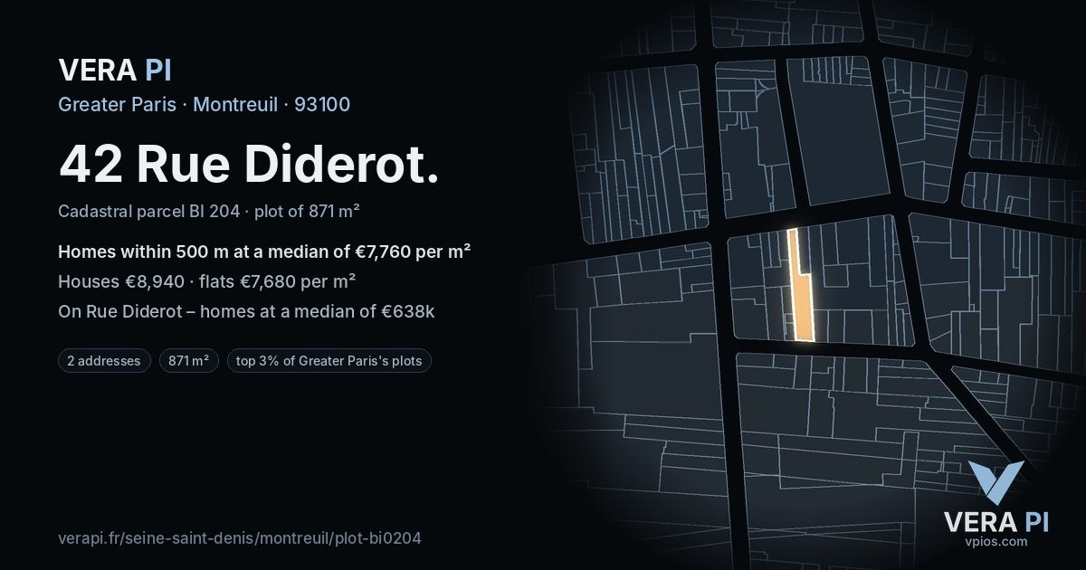 42 Rue Diderot, Montreuil at night – the plot lit, the parcels around coloured by the prices near them