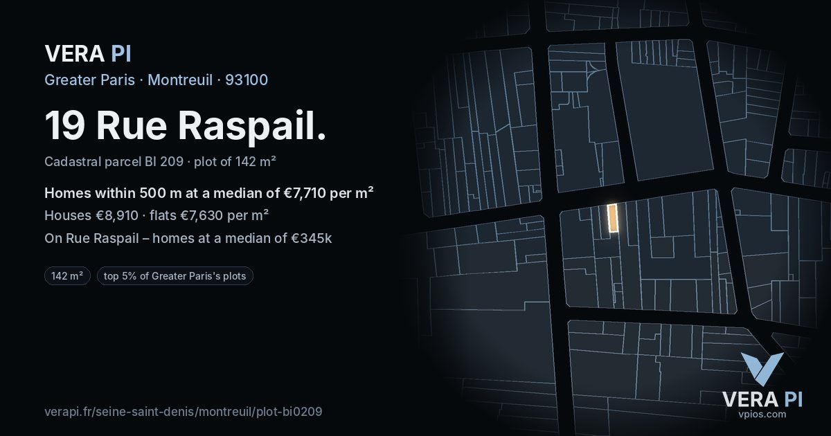 19 Rue Raspail, Montreuil at night – the plot lit, the parcels around coloured by the prices near them