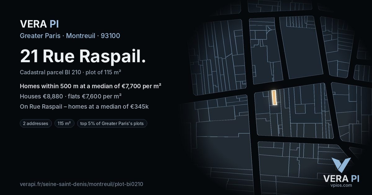 21 Rue Raspail, Montreuil at night – the plot lit, the parcels around coloured by the prices near them