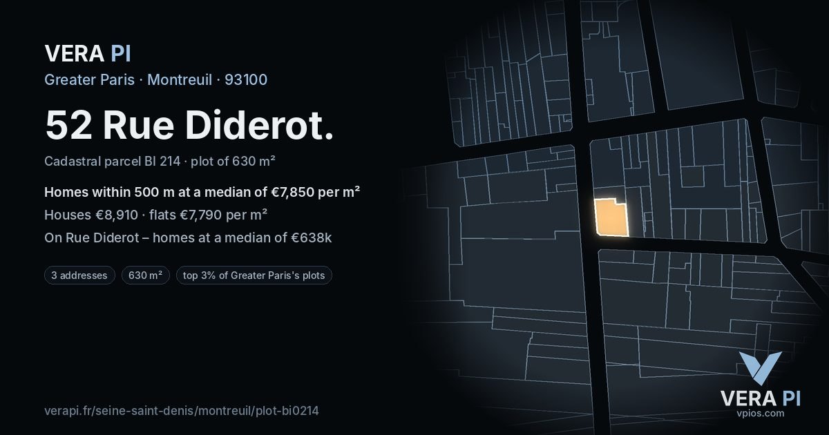 52 Rue Diderot, Montreuil at night – the plot lit, the parcels around coloured by the prices near them