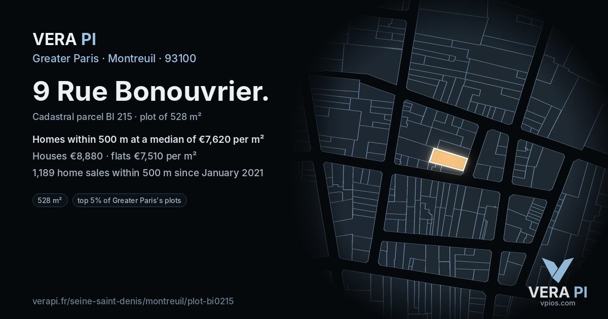 9 Rue Bonouvrier, Montreuil at night – the plot lit, the parcels around coloured by the prices near them
