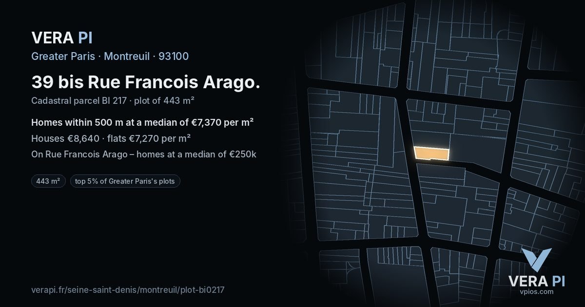 39 bis Rue Francois Arago, Montreuil at night – the plot lit, the parcels around coloured by the prices near them