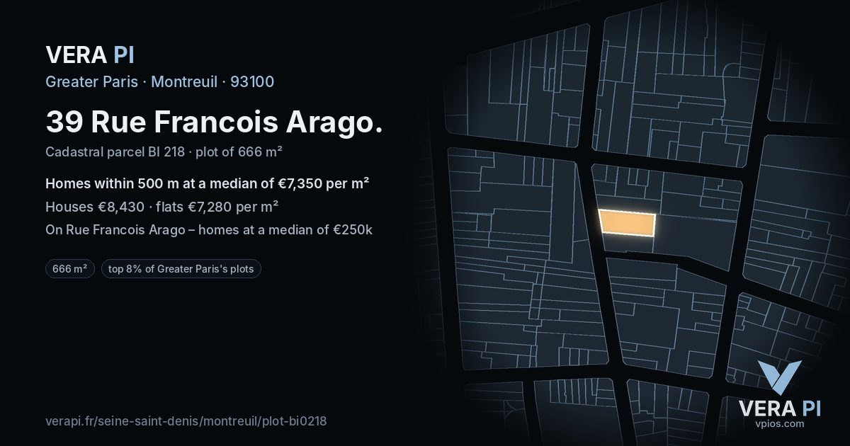 39 Rue Francois Arago, Montreuil at night – the plot lit, the parcels around coloured by the prices near them