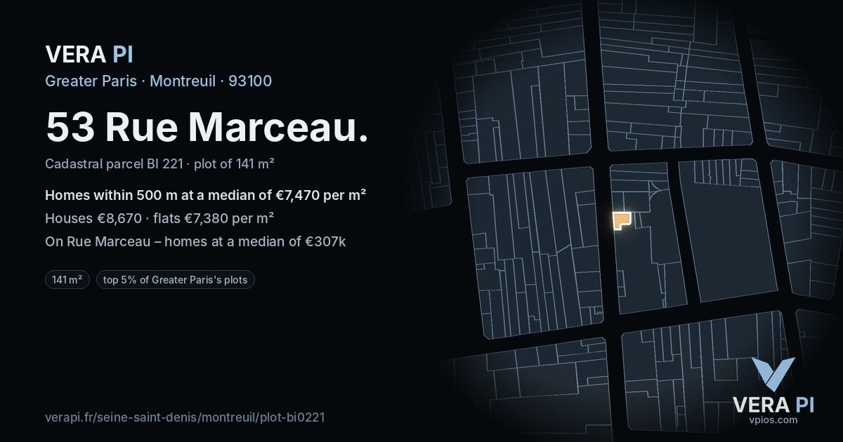 53 Rue Marceau, Montreuil at night – the plot lit, the parcels around coloured by the prices near them