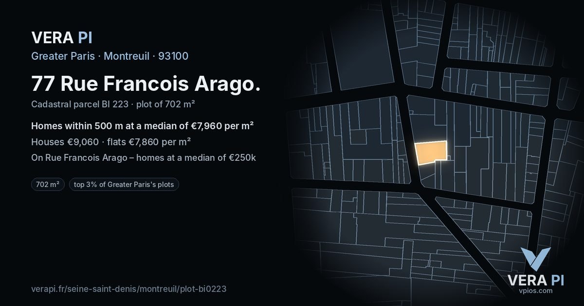 77 Rue Francois Arago, Montreuil at night – the plot lit, the parcels around coloured by the prices near them