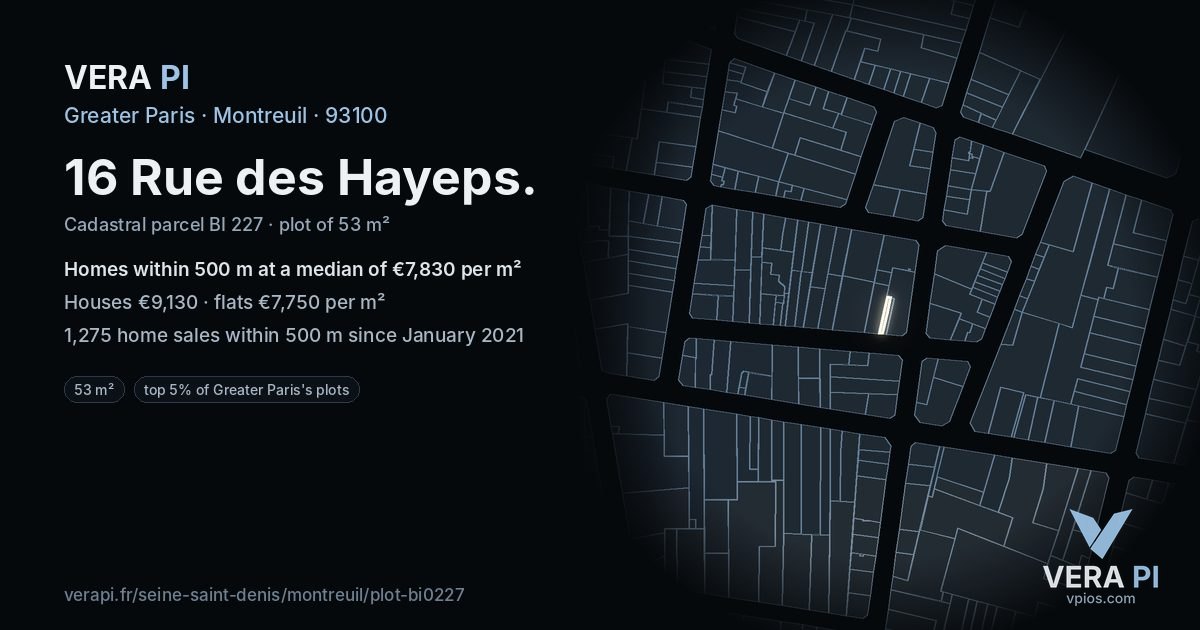 16 Rue des Hayeps, Montreuil at night – the plot lit, the parcels around coloured by the prices near them