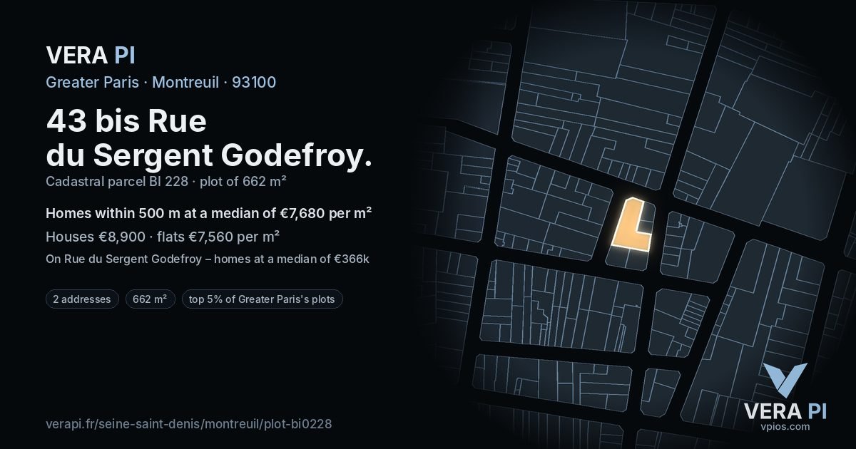 43 bis Rue du Sergent Godefroy, Montreuil at night – the plot lit, the parcels around coloured by the prices near them