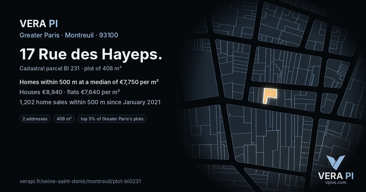 17 Rue des Hayeps, Montreuil at night – the plot lit, the parcels around coloured by the prices near them