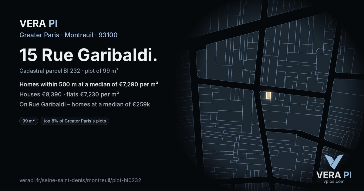 15 Rue Garibaldi, Montreuil at night – the plot lit, the parcels around coloured by the prices near them