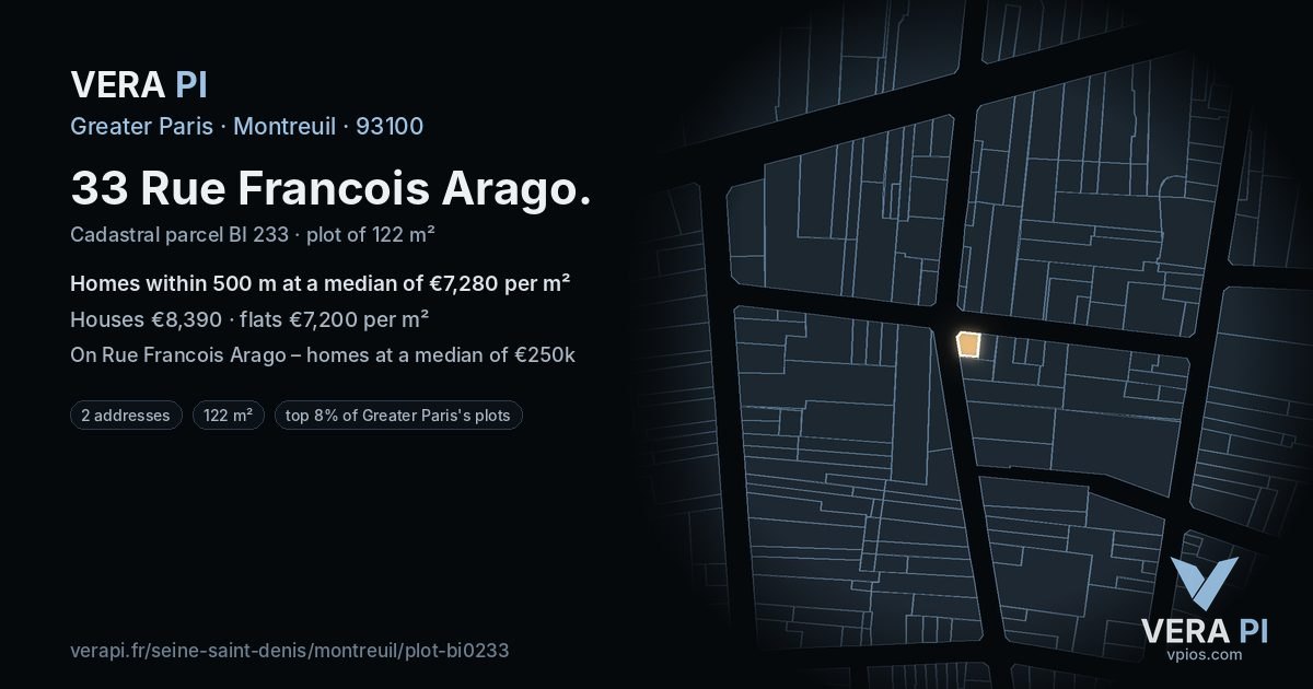 33 Rue Francois Arago, Montreuil at night – the plot lit, the parcels around coloured by the prices near them