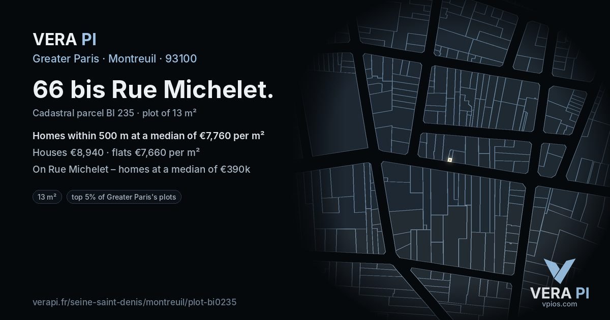 66 bis Rue Michelet, Montreuil at night – the plot lit, the parcels around coloured by the prices near them