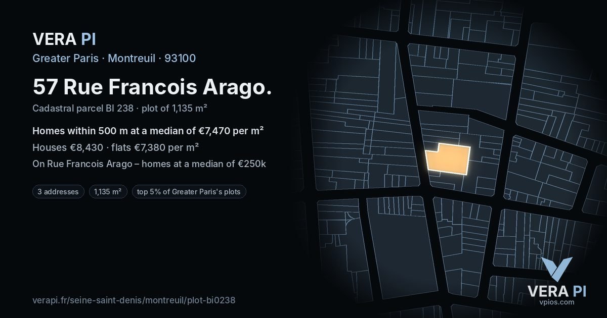 57 Rue Francois Arago, Montreuil at night – the plot lit, the parcels around coloured by the prices near them