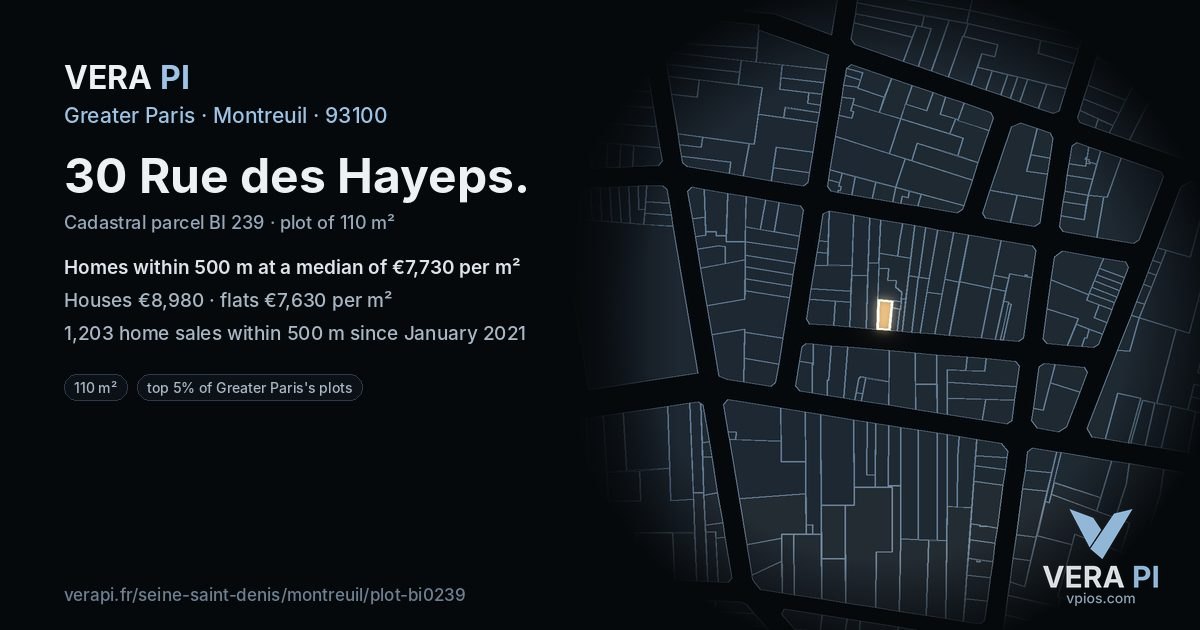 30 Rue des Hayeps, Montreuil at night – the plot lit, the parcels around coloured by the prices near them