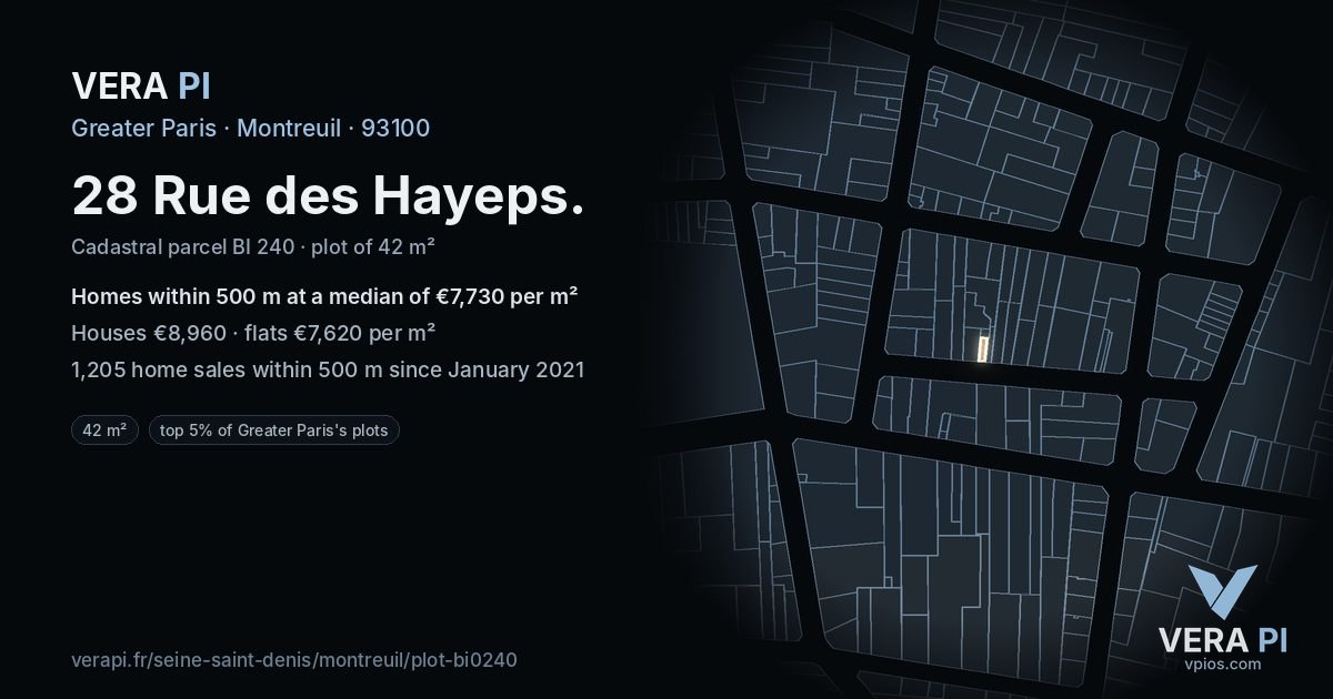 28 Rue des Hayeps, Montreuil at night – the plot lit, the parcels around coloured by the prices near them
