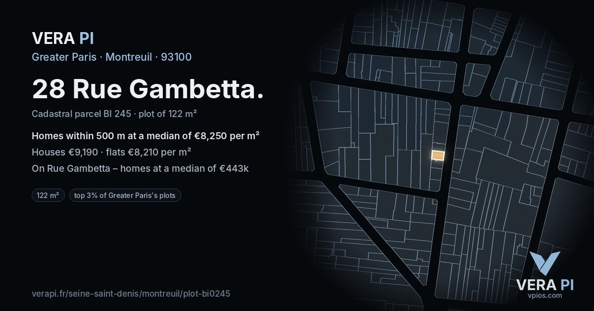 28 Rue Gambetta, Montreuil at night – the plot lit, the parcels around coloured by the prices near them