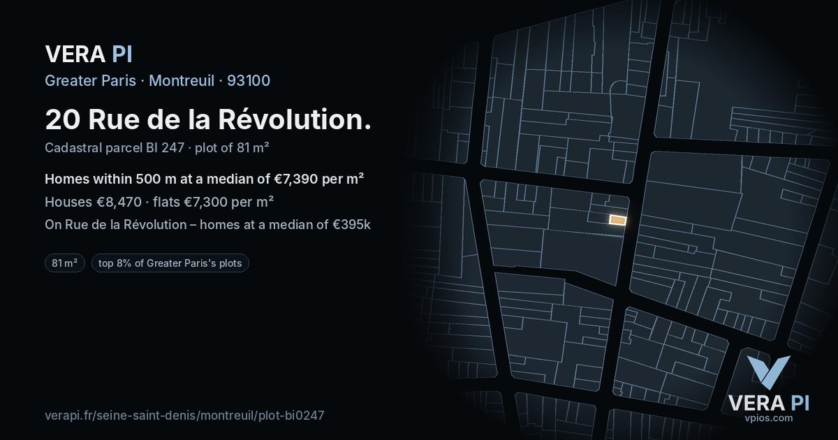 20 Rue de la Révolution, Montreuil at night – the plot lit, the parcels around coloured by the prices near them