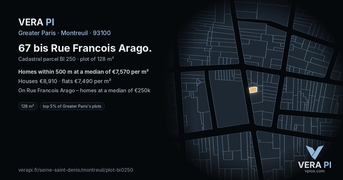67 bis Rue Francois Arago, Montreuil at night – the plot lit, the parcels around coloured by the prices near them