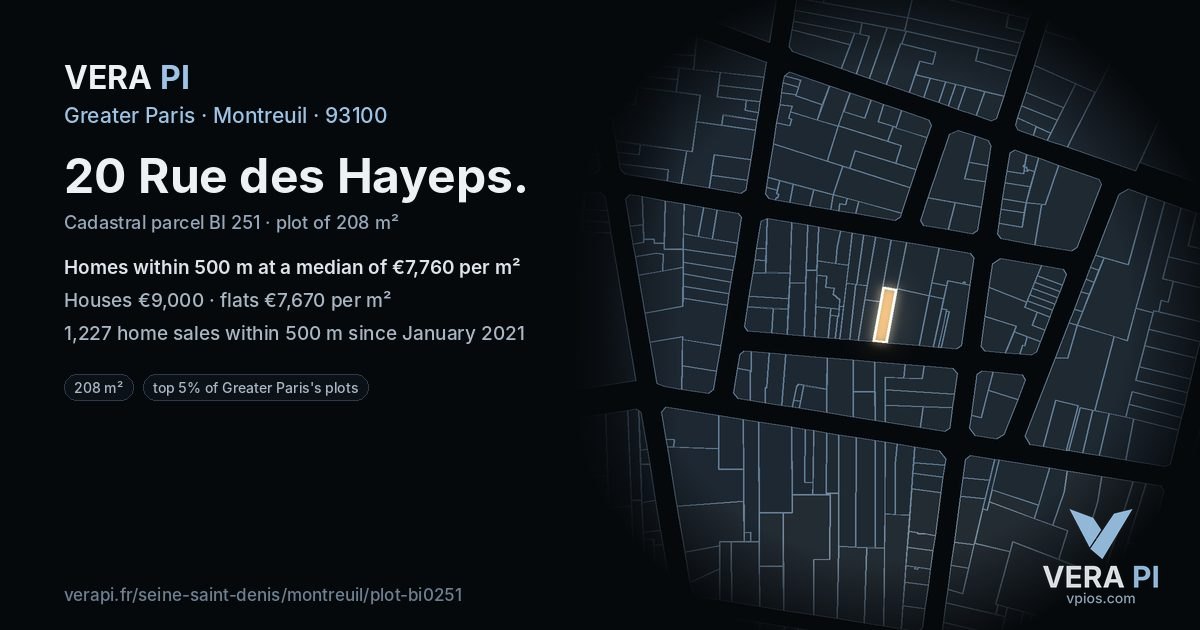 20 Rue des Hayeps, Montreuil at night – the plot lit, the parcels around coloured by the prices near them