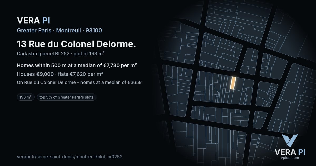 13 Rue du Colonel Delorme, Montreuil at night – the plot lit, the parcels around coloured by the prices near them