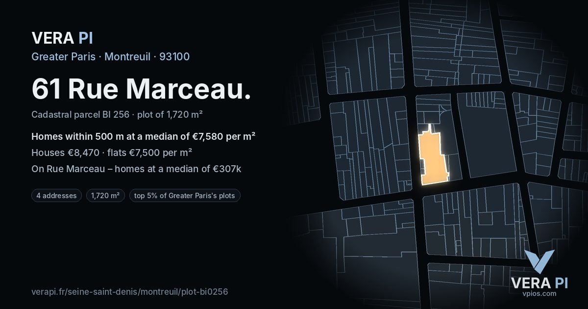 61 Rue Marceau, Montreuil at night – the plot lit, the parcels around coloured by the prices near them
