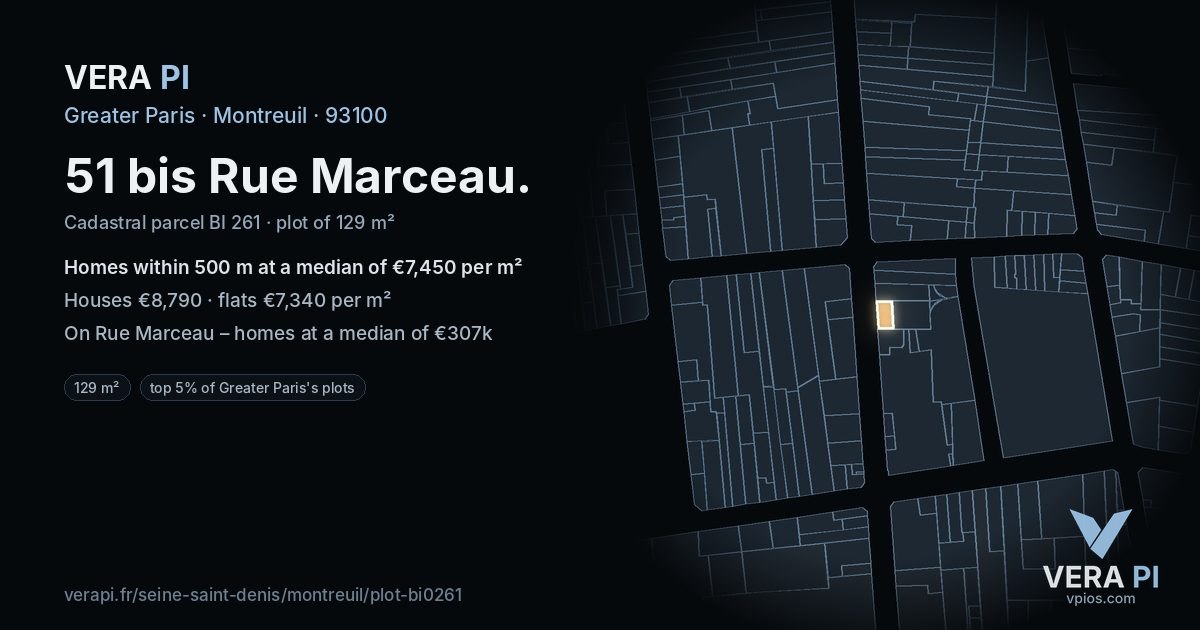 51 bis Rue Marceau, Montreuil at night – the plot lit, the parcels around coloured by the prices near them