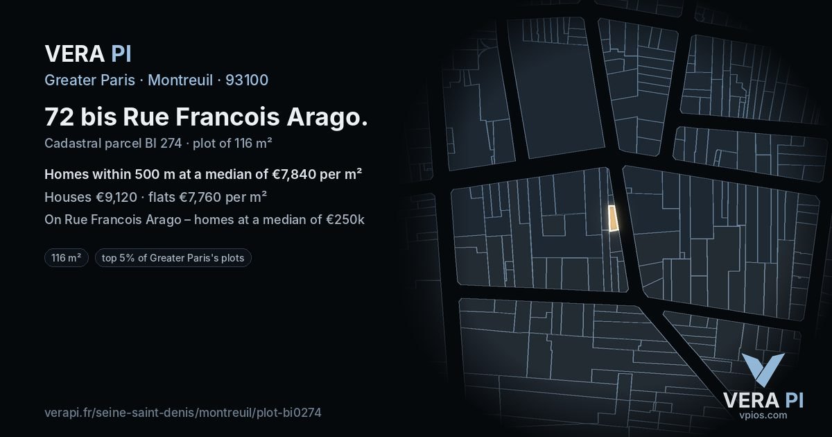72 bis Rue Francois Arago, Montreuil at night – the plot lit, the parcels around coloured by the prices near them