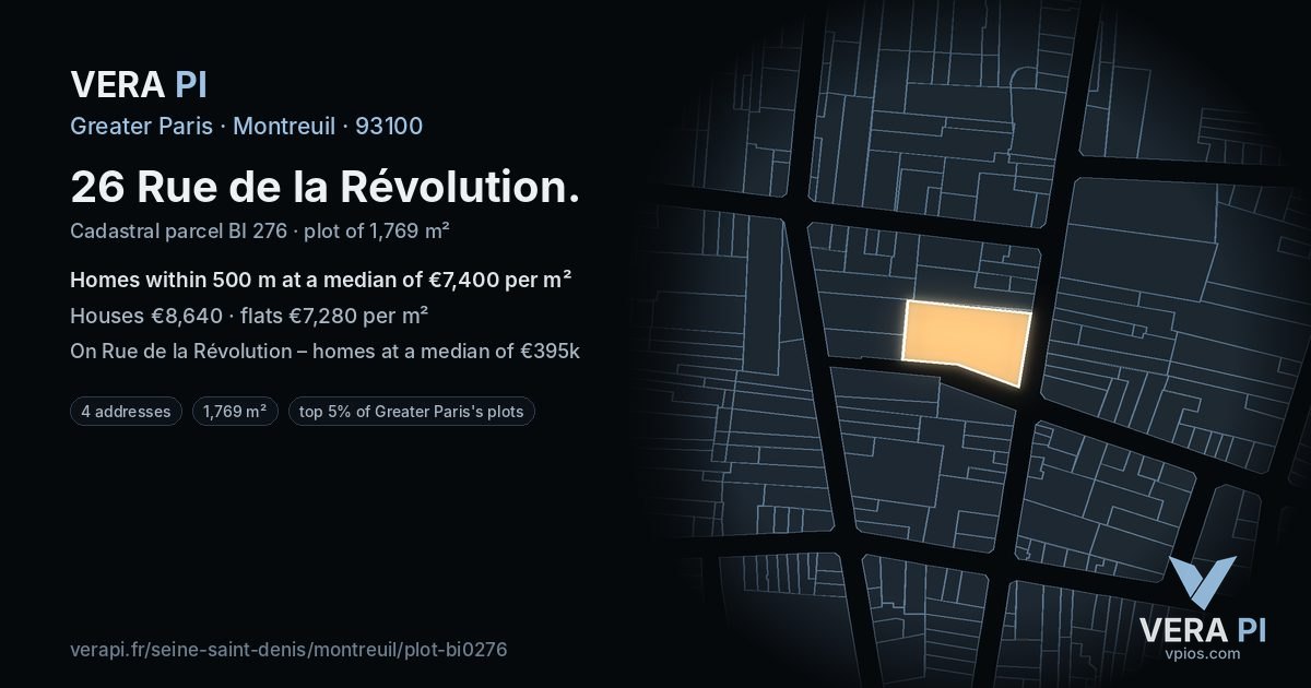 26 Rue de la Révolution, Montreuil at night – the plot lit, the parcels around coloured by the prices near them