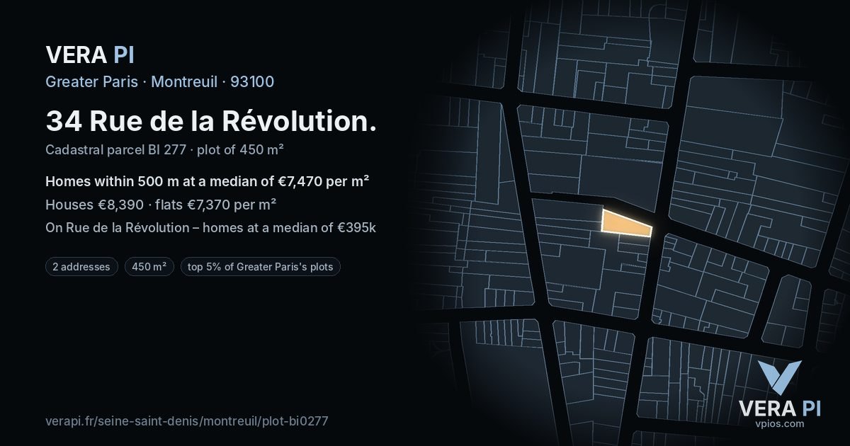 34 Rue de la Révolution, Montreuil at night – the plot lit, the parcels around coloured by the prices near them
