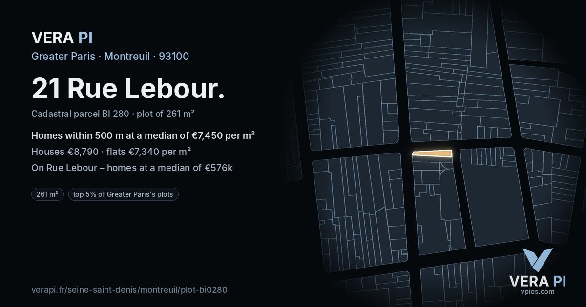 21 Rue Lebour, Montreuil at night – the plot lit, the parcels around coloured by the prices near them