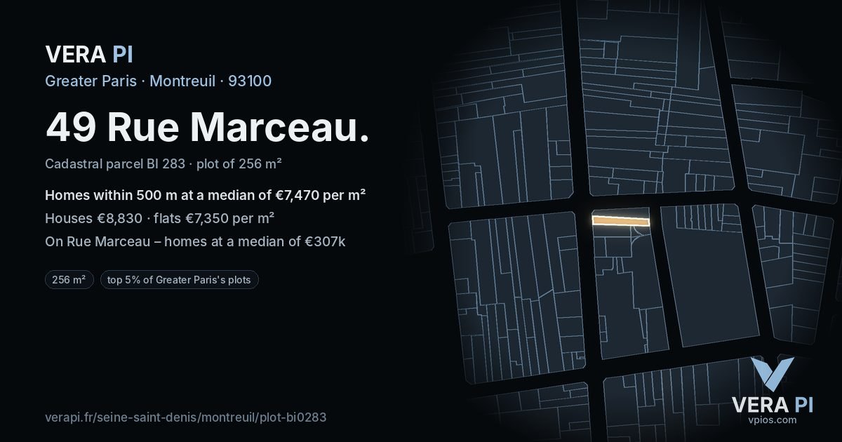 49 Rue Marceau, Montreuil at night – the plot lit, the parcels around coloured by the prices near them