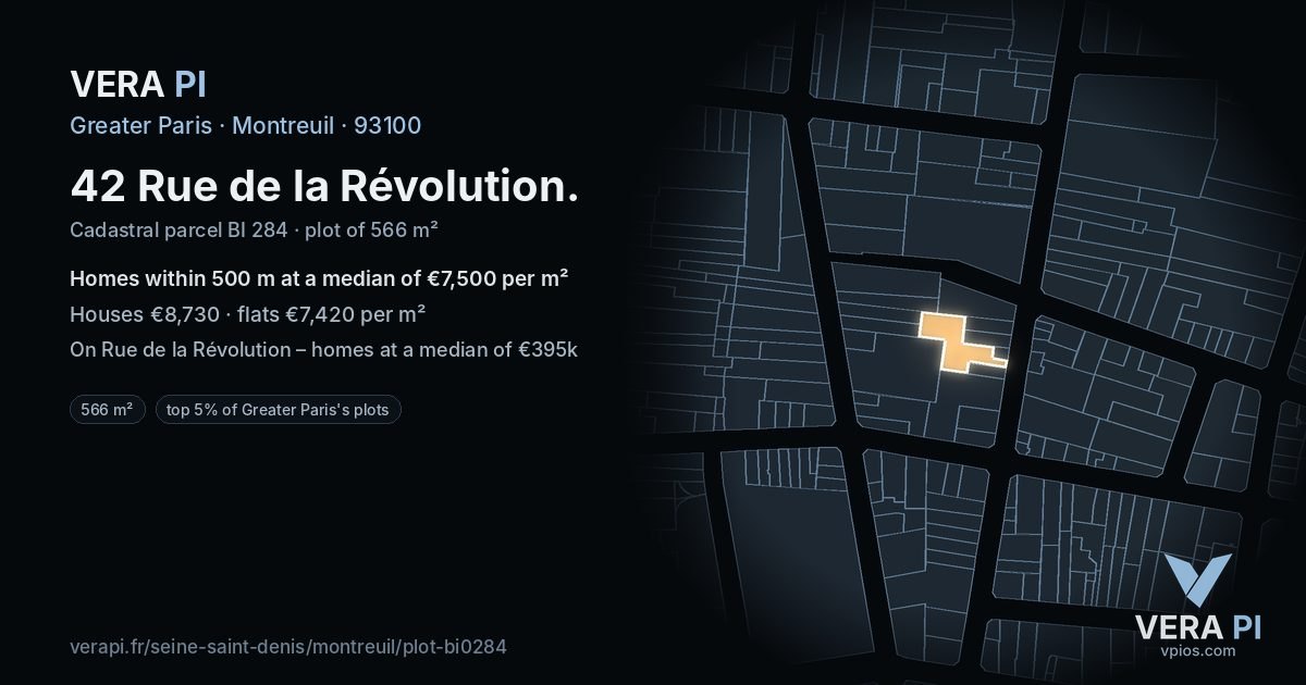 42 Rue de la Révolution, Montreuil at night – the plot lit, the parcels around coloured by the prices near them