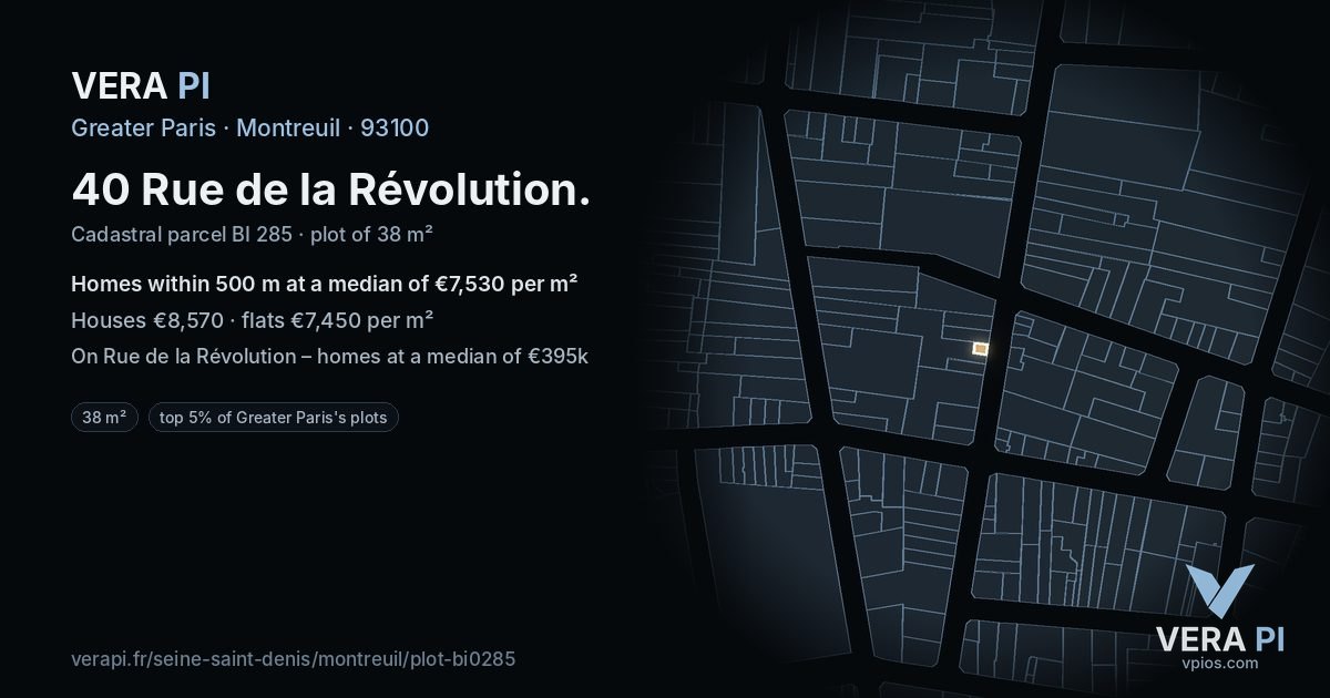 40 Rue de la Révolution, Montreuil at night – the plot lit, the parcels around coloured by the prices near them