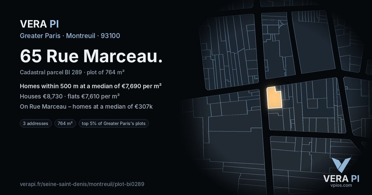 65 Rue Marceau, Montreuil at night – the plot lit, the parcels around coloured by the prices near them