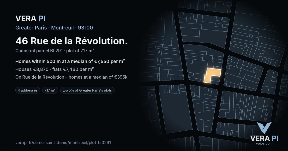 46 Rue de la Révolution, Montreuil at night – the plot lit, the parcels around coloured by the prices near them