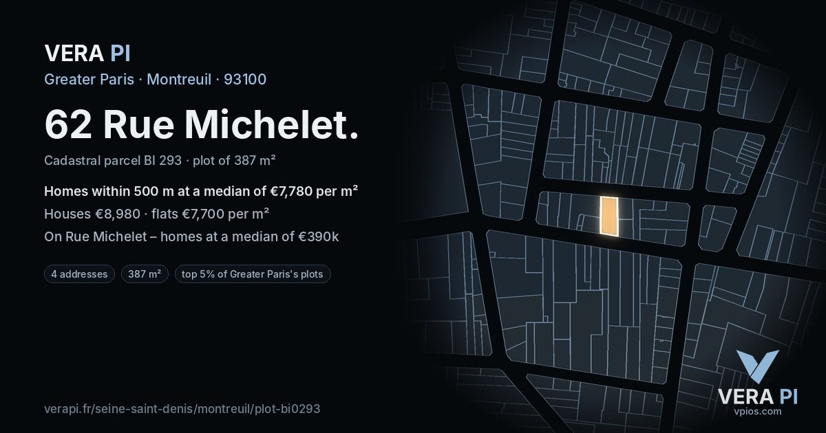 62 Rue Michelet, Montreuil at night – the plot lit, the parcels around coloured by the prices near them