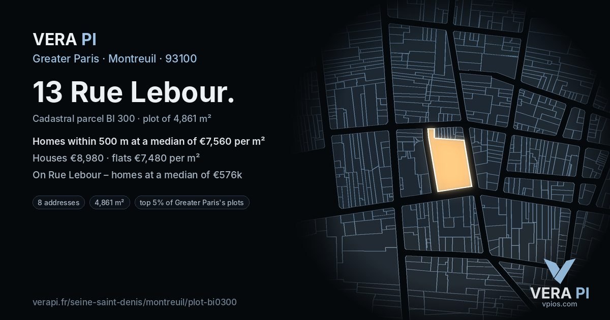 13 Rue Lebour, Montreuil at night – the plot lit, the parcels around coloured by the prices near them