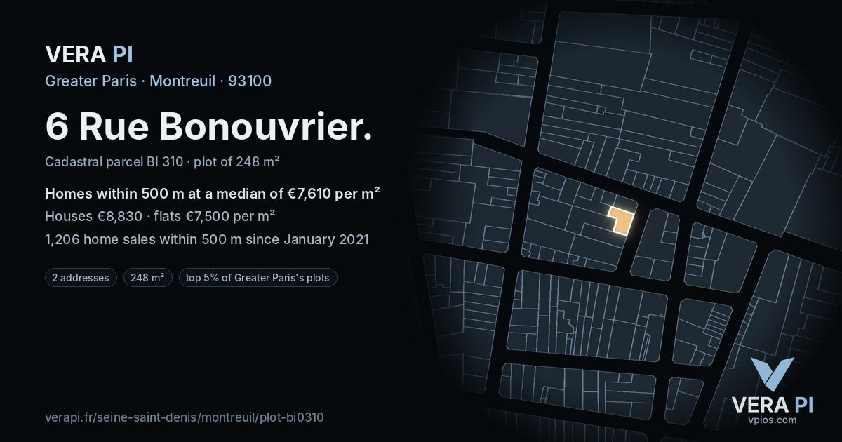 6 Rue Bonouvrier, Montreuil at night – the plot lit, the parcels around coloured by the prices near them